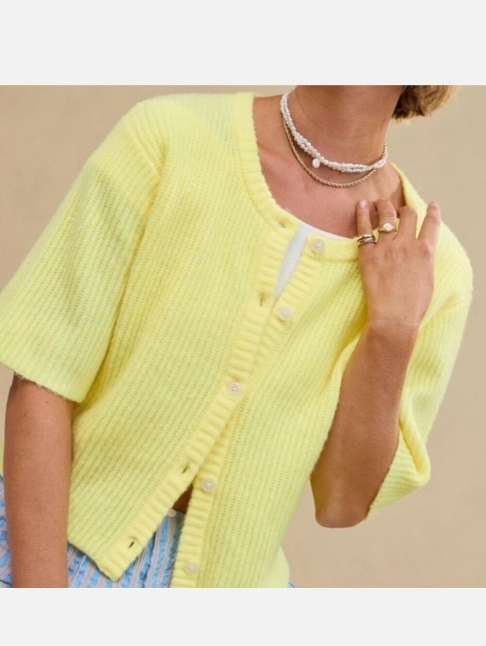 Aerie Short Sleeve Ribbed Knit Sweater Cardigan Medium Button Front Lemon Yellow